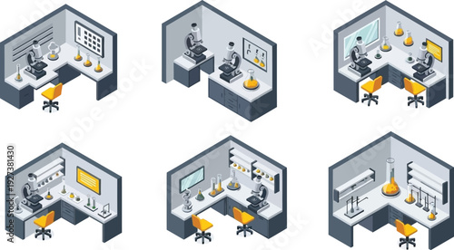 Isometric vector illustration of six modern science laboratory rooms designs