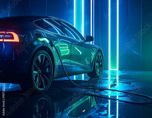 Advertising photo of an electric vehicle charging in a dark studio with futuristic neon blue and green light streaks symbolizing energy flow, glowing charging cable tip, reflective floor surface