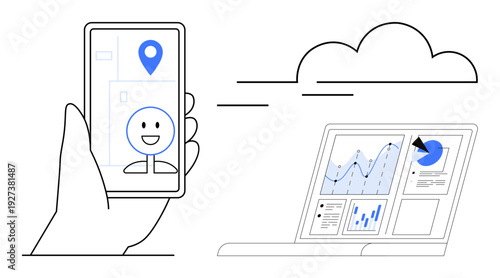 Location tracking, data analysis, technology synchronization, navigation, cloud computing, online services. Hand holding a smartphone with map icon syncing to a laptop with charts. Location tracking
