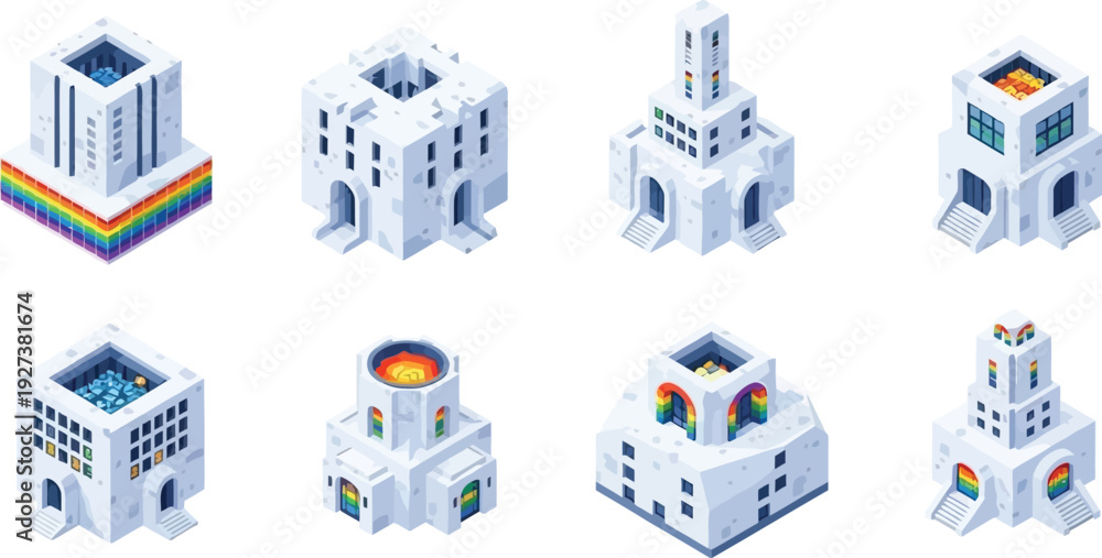 Obraz premium Isometric vector illustration set of white buildings featuring rainbow details