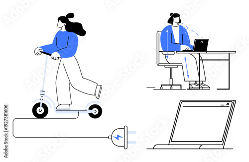 Technology concept. Technology in electric scooter and laptop use. Technology facilitates remote work and eco-friendly commuting. For innovation, sustainability, remote work, modern lifestyle