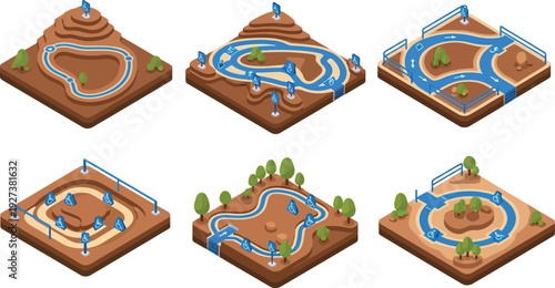 Isometric vector graphic set showing different accessible path and ramp designs