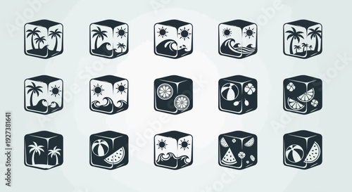 Summer Vacation Icons: Palm Trees, Waves, Sun, Clock, Beach Ball, Fruit Cubes