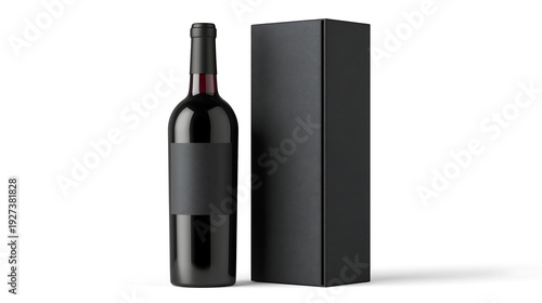 bottle of wine, A black wine bottle with a label and a closed black box packaging mockup isolated on a white background