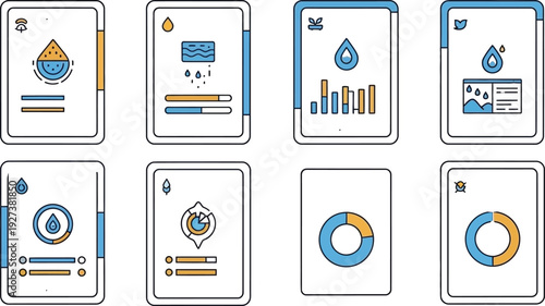Collection of vector graphic cards detailing water resource management statistics
