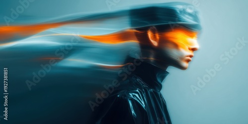 Futuristic portrait of a person with glowing orange eyes and motion blur effect