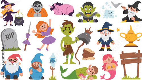 Colorful fantasy cartoon illustration featuring witch, wizard, unicorn, zombie, goblin, dwarf, mermaid, and magical objects for storytelling, games, education, and creative projects