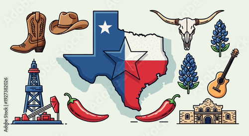 Texas Icons: State Map, Cowboy Boot, Hat, Oil Rig, Chili, Longhorn Skull, Bluebonnets, Alamo