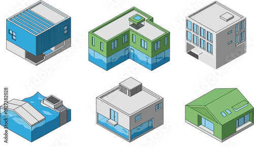 Isometric vector illustration of flood resilient architectural building designs and rising water