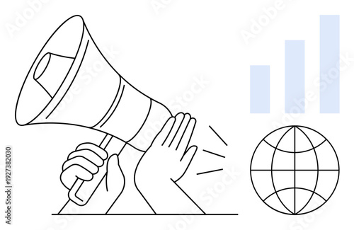 Marketing concept. Marketing visuals with a megaphone, data chart, and globe global outreach. Marketing strategies for communication, analytics, and international branding. Broad advertising, brand