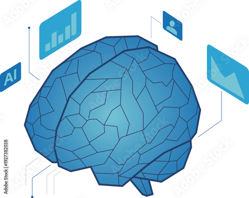 AI・人工知能の概念 脳のアイソメトリックイラスト ビジネス・テクノロジー背景