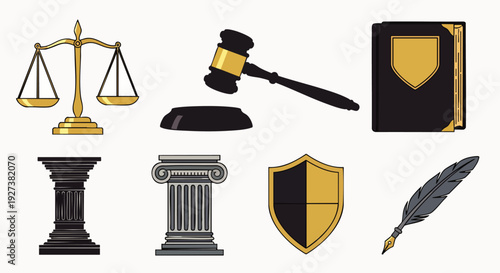 Set of Law and Justice Icons: Scales, Gavel, Book, Columns, Shield, Quill Pen - Legal System Symbols, Courtroom Elements, Vector Illustration