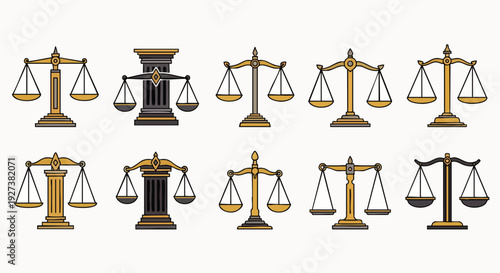 Collection of classic and modern balance scales illustrations, symbolizing justice, law, equality, and measurement. Vector set for legal concepts.