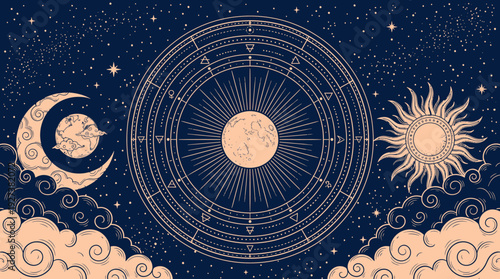 Mystical Celestial Astrology Chart with Moon, Sun, Earth, Stars, and Zodiac Symbols. Esoteric Cosmos Diagram for Spiritual and Occult Themes.