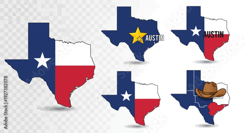 Texas Map Collection: Flag, Austin, Cowboy Hat Icons
