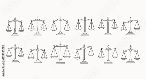 Set of hand-drawn scales of justice illustrations. Line art symbols representing law, balance, equality, and measurement, depicting equilibrium and imbalance.