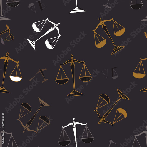 Seamless pattern of scales of justice. Vector illustration depicting law, equality, and legal system symbols on a dark background for justice concepts.