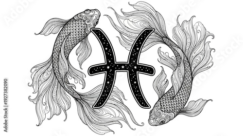 Detailed Pisces Zodiac Sign with Ornamental Fish Line Art Illustration