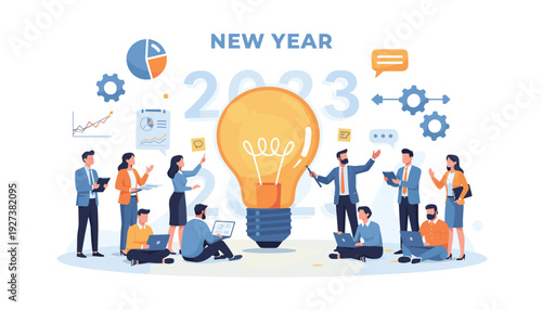 Business Team Collaborating on New Year 2023 Strategy with Giant Light Bulb for Creative Ideas and Marketing Plan. Professional People Brainstorming, Working on Laptops with Data and Analytics.