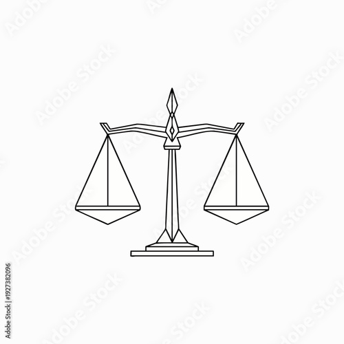 Minimalist black outline drawing of a vintage balance scale, an iconic symbol of justice, legal system, equality, and fair judgment, on a white background.