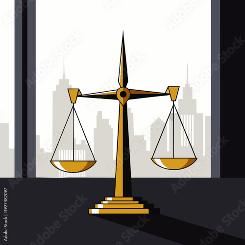 Golden scales of justice illustration symbolizing legal balance, fairness, and equality in a modern urban landscape, representing law and order.