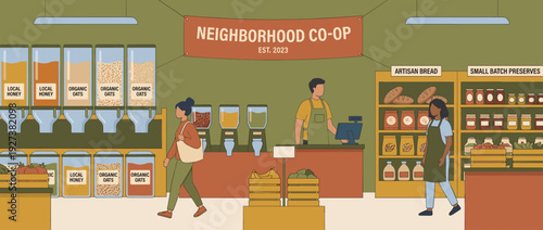 Flat vector illustration of a modern neighborhood co-op grocery store interior featuring bulk food dispensers, organic oats, local honey, artisan bread, fresh produce, and staff members.