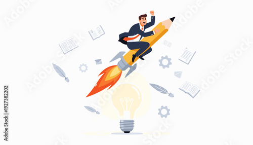 Creative Businessman Flying on a Pencil Rocket Launched from a Lightbulb, Symbol of Innovation, Imagination, Education, and Professional Growth in Writing and Business Vector Illustration