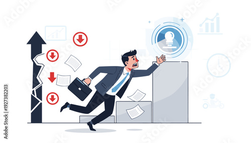 Stressed businessman running towards a goal while facing failure in a process or task, illustrated with a broken growth arrow and red downward trends. Concept of business crisis and struggle.