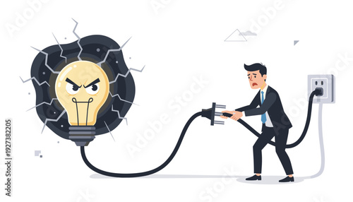 Businessman Trying to Unplug an Evil and Angry Light Bulb Representing a Bad Idea or Negative Opinion, Conceptual Vector Illustration of Business Problem Solving and Eliminating Toxic Thoughts.