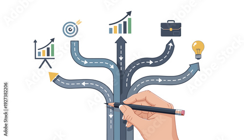 Hand Holding Pencil Drawing Multiple Paths Leading to Business Success Icons Like Growth Charts, Target, Briefcase, and Lightbulb; Concept of Career Planning, Strategy, and Decision Making.
