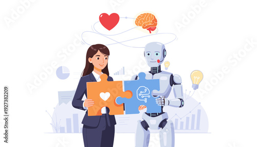Businesswoman and Robot Connecting Puzzle Pieces Representing Emotional and Artificial Intelligence, Human and AI Collaboration, Heart and Brain Synergy for Innovation and Business Success