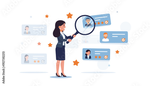 Human Resources Recruitment Concept with Business Woman Using Magnifying Glass to Search for Best Candidate to Fill Job Vacancy, Talent Acquisition, Screening Professional Resumes and Profiles.