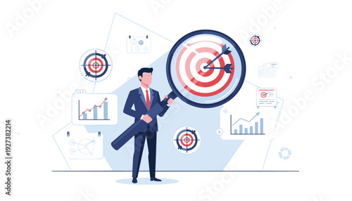 Businessman holding a large magnifying glass focusing on a target with arrows in the bullseye, surrounded by business charts and graphs, representing goal setting, market analysis, and achievement.