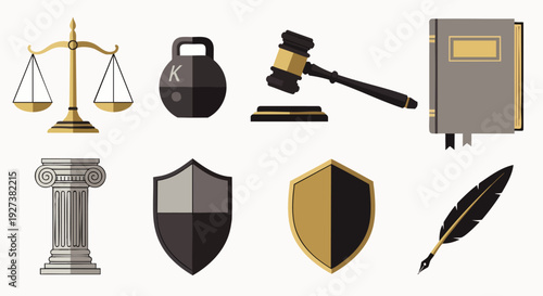 Collection of essential legal and justice symbols: scales, gavel, law book, column, shields, and quill pen. Ideal for law, court, and authority concepts.