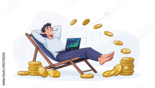 Successful Young Man Relaxing on Deckchair with Laptop and Flying Gold Coins, Concept of Financial Freedom, Wealth, Passive Income, Online Trading, Stock Market Growth, and Remote Work Lifestyle.