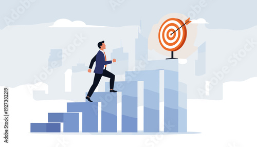 Businessman climbing bar chart stairs towards a target with an arrow in the bullseye. Concept of career growth, professional success, motivation, and achieving business goals in a city setting.