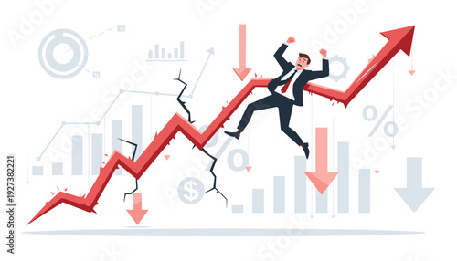 Businessman falling from a cracked red growth arrow, conceptualizing economic and financial crisis, market crash, recession, stock market volatility, business failure, and global inflation.