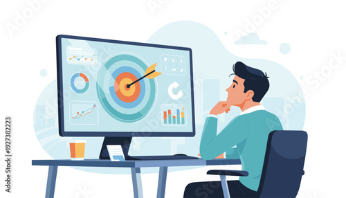 Man sitting at desk looking at computer screen with target and arrow in center. Concept of digital marketing strategy, business goal achievement, data analysis, performance tracking, and success.