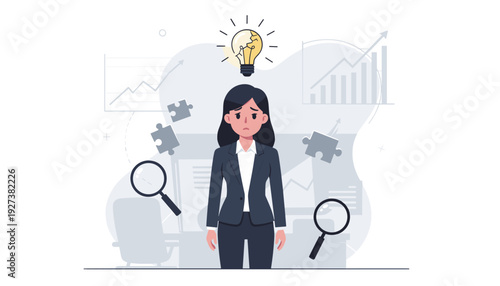 Businesswoman standing with a cracked lightbulb above her head, symbolizing a lack of new ideas, creative block, and inspiration failure in a professional office setting with data charts.