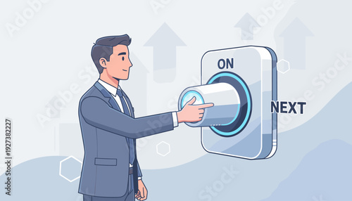 Professional Businessman Pushing a Large Switch Button to Turn On the Next Phase of Growth and Success, Concept of Progress, Innovation, and Moving Forward in Corporate Strategy and Career.