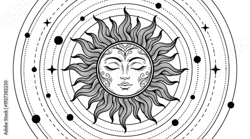 Spiritual Celestial Sun with Meditative Face and Cosmic Planetary Orbits Line Art