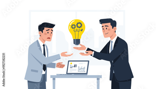Businessman Stealing Creative Idea Lightbulb from Colleague Vector Illustration. Concept for Intellectual Property Theft, Plagiarism, Unethical Business Competition, and Corporate Piracy Design.