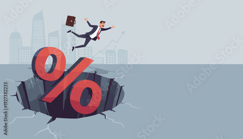 Businessman Falling into a Large Percentage Symbol Hole Representing Financial Crisis, High Interest Rate Trap, Debt Burden, Economic Recession, and Market Instability with City Skyline Background