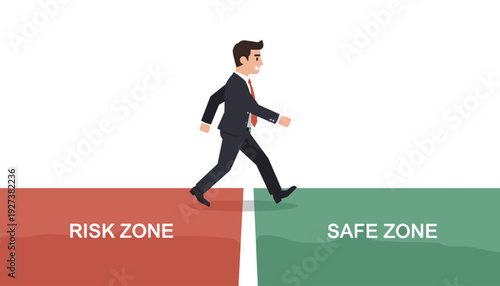 Businessman walking from red risk zone to green safe zone. Concept of risk management, safety transition, and business strategy. Vector illustration of moving from danger to security and success.