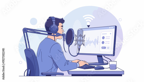 Vector illustration of a professional male podcaster or voice-over artist recording a podcast in a home studio, wearing headphones and speaking into a microphone with computer screen, flat style art.