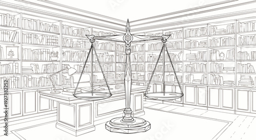 Line art drawing of the scales of justice, a powerful symbol of law, balance, and equality, set in a traditional legal office or library.