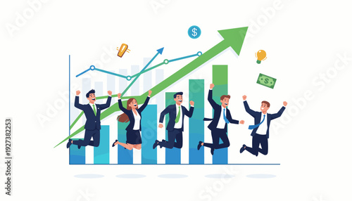 Successful business team jumping in celebration of career growth and financial success, group of happy professionals in suits leaping in front of a rising bar chart and upward green arrow icon.
