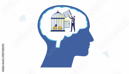 Mental Liberation and Freedom of Mind Concept: Businessman Lifting a Cage Inside a Human Brain to Free a Person, Representing Psychological Breakthrough, Self-Improvement, and Positive Mindset