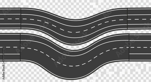 Wavy Asphalt Road with Lanes and Markings, Transportation Concept, Transparent Background