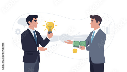 Businessman selling innovative idea represented by glowing light bulb to investor offering cash money, partnership cooperation and venture capital investment concept, flat vector illustration